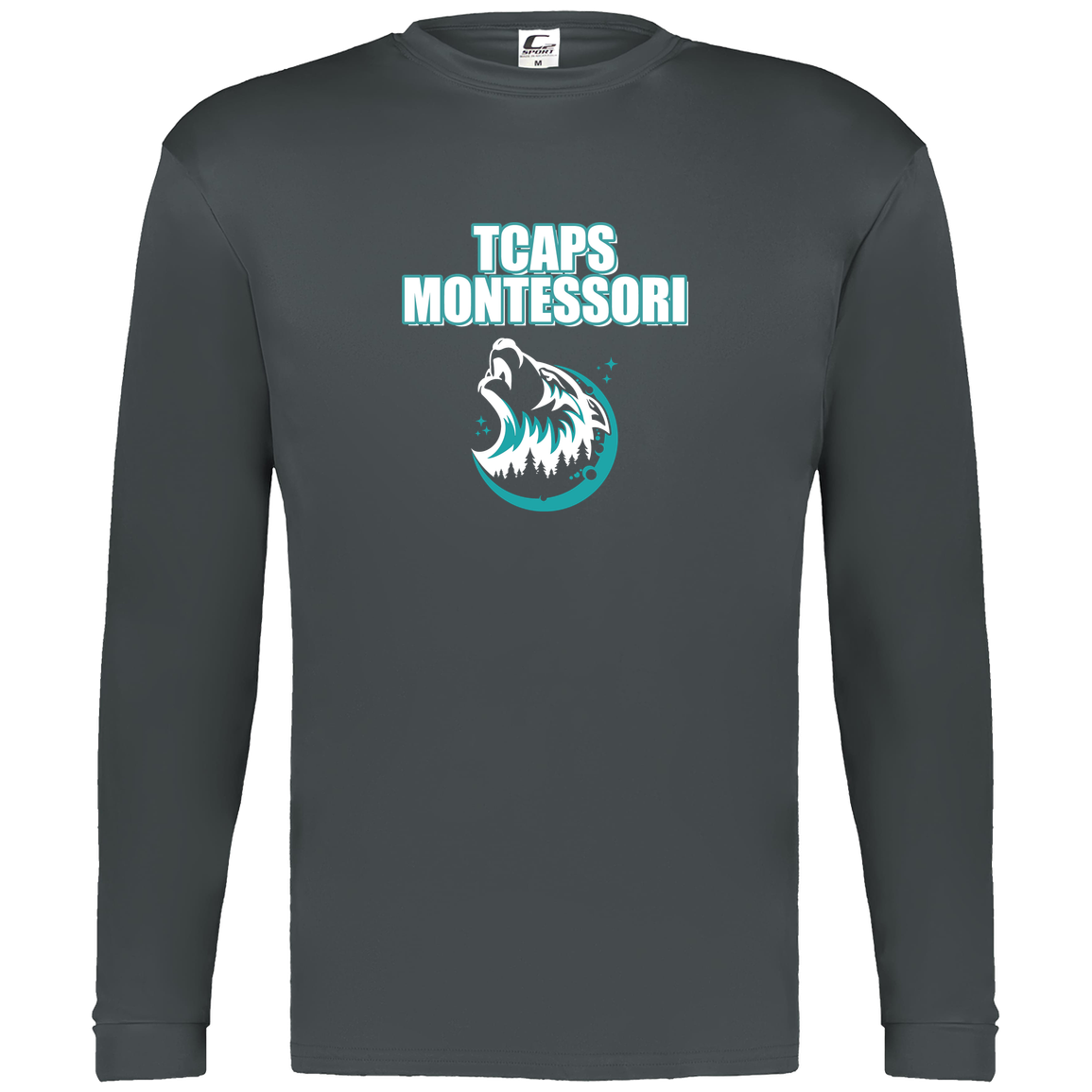 tcaps-montessori-echo-timberwolf-white-c2-mens-performance-long-sleeve-tee — Graphite — Front — source sha256 92b73441668834053973e992fd5f0278e8c97f60933f28293c7e06de30dc076b — Color position 2