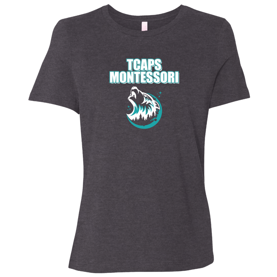 tcaps-montessori-echo-timberwolf-white-bella-canvas-ladies-relaxed-jersey-short-sleeve-t-shirt — Dark Grey Heather — Front — source sha256 a69c3f75837d19f18078bed006e37c6f2e6d601a811418ad686e01d19b7c3489 — Color position 2