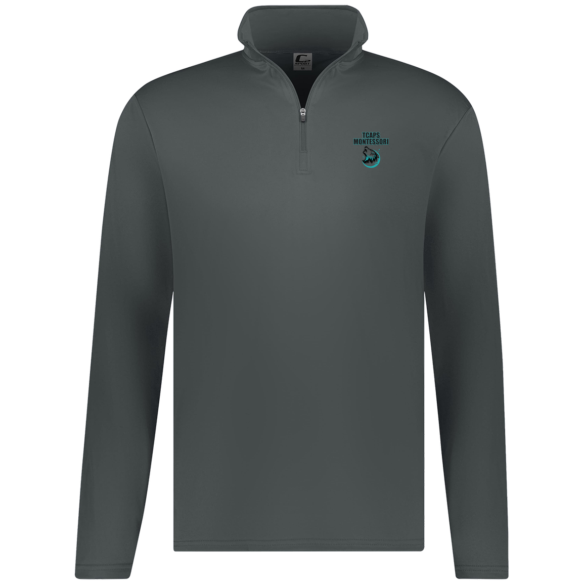 tcaps-montessori-echo-timberwolf-c2-mens-1-4-zip-pullover — Graphite — Front — source sha256 ee154dd54cda1d0e60d3f286ebb2be012bc9bf342ed740b80e55131479dbefea — Color position 4