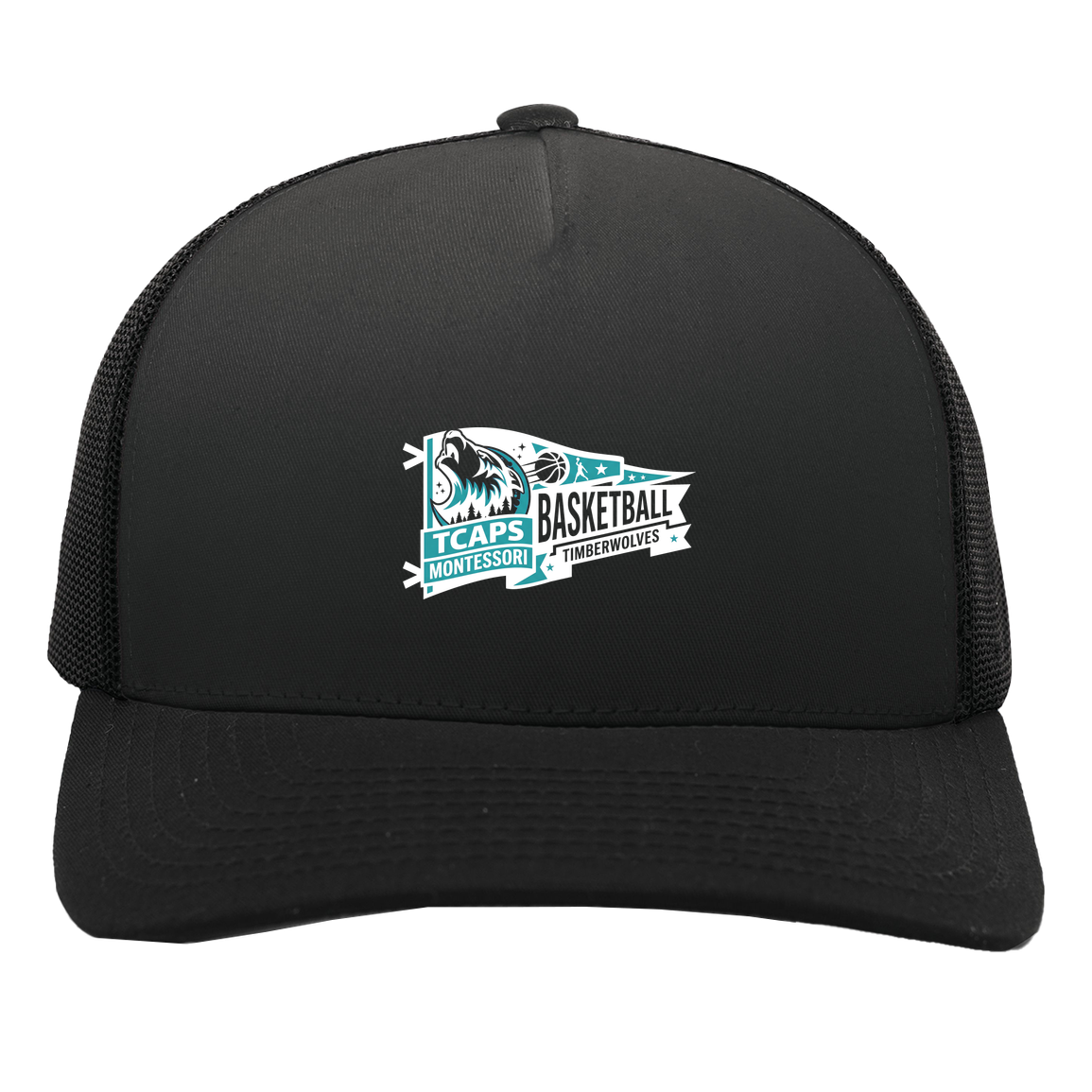 tcaps-montessori-heritage-pennant-white-pacific-headwear-5-panel-trucker-snapback-cap — Black/Black — Front — source sha256 ffb369528ea952db7216bccee2773f723f30ac25cdd29e2602c55d61e5b0dbee — Color position 2