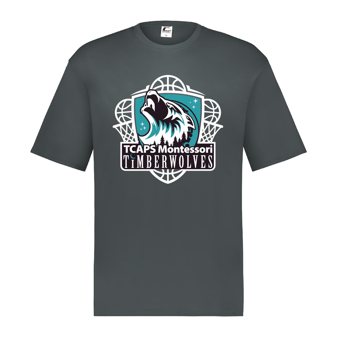 tcaps-montessori-howling-timberwolf-white-c2-mens-performance-short-sleeve-tee — Graphite — Front — source sha256 b3b86ba58c1dfa0eec51085830e71160148fbe5530d74d24d510659157203823 — Color position 2