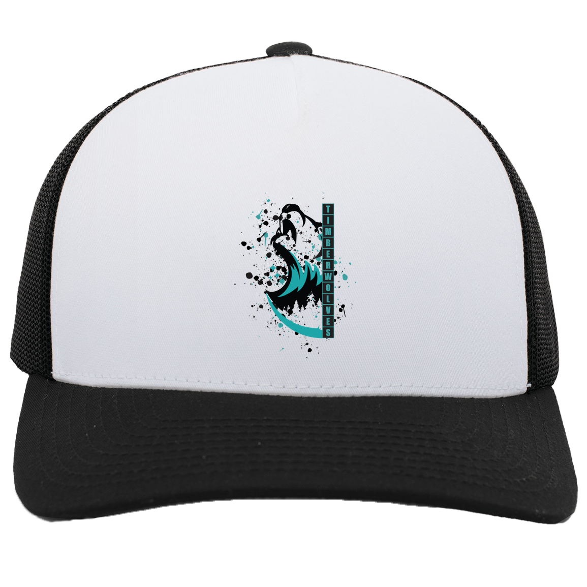 tcaps-montessori-split-mascot-pacific-headwear-5-panel-trucker-snapback-cap — White/Black — Front — source sha256 acb07d500f5841e14e863bad8da94331ff4c37469370363c4e88e5e79db00219 — Color position 4