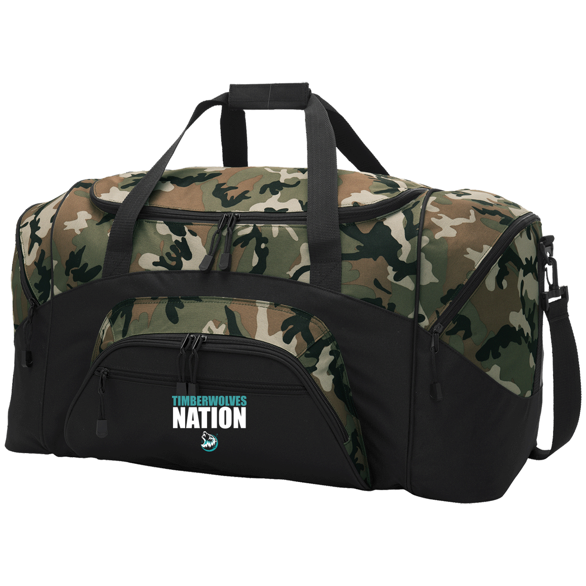 tcaps-montessori-timberwolf-nation-white-port-company-sport-duffel — Black/Camouflage — Front — source sha256 ba4d910567f0e28a79f25666ce4556f5af6e2b02b2b07b73b91a948bf4d0ce9a — Color position 3
