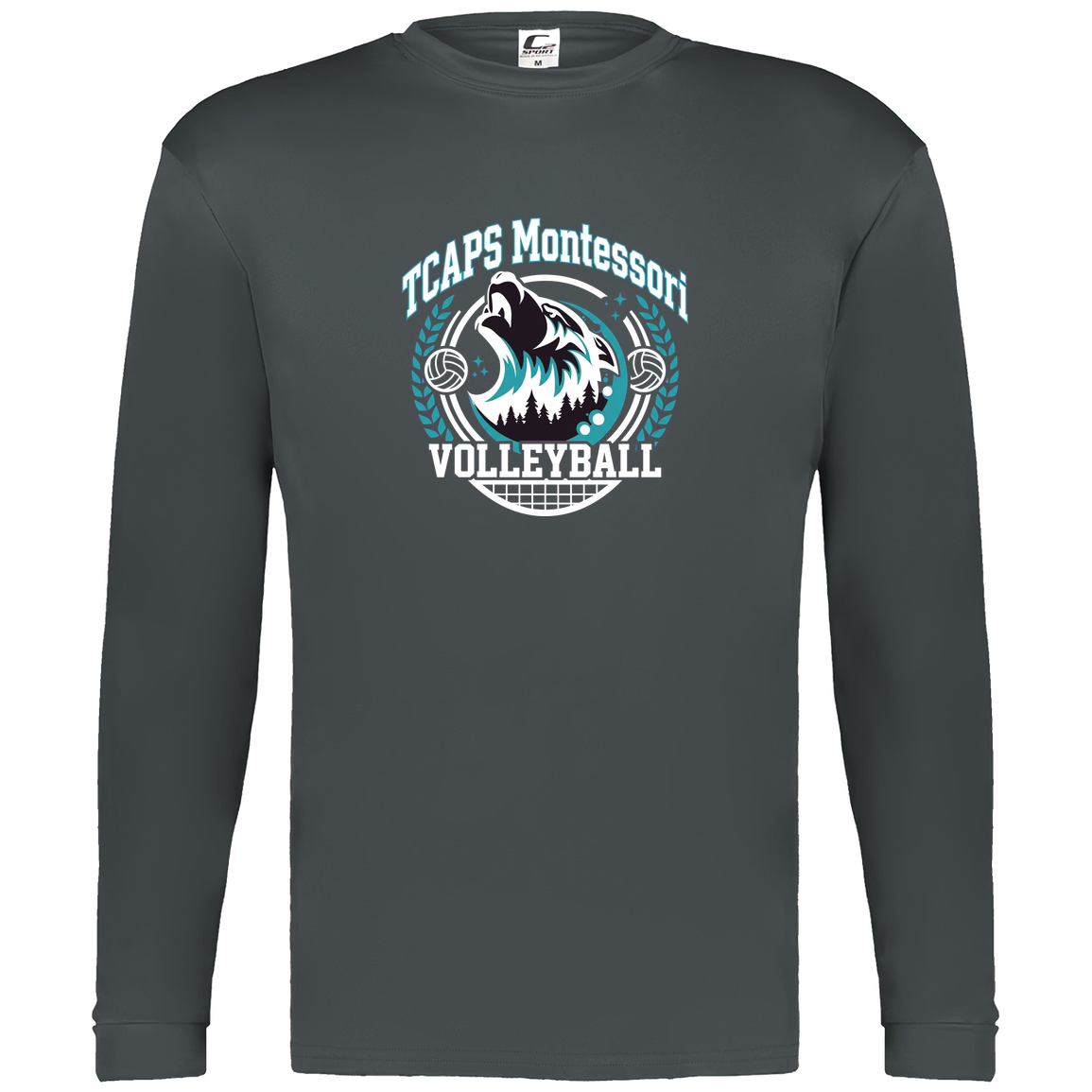 tcaps-montessori-varsity-arch-white-c2-mens-performance-long-sleeve-tee — Graphite — Front — source sha256 206e73674465ac256513df3d6c7dacafa197ee28111c63c4415886a68839ffd9 — Color position 2