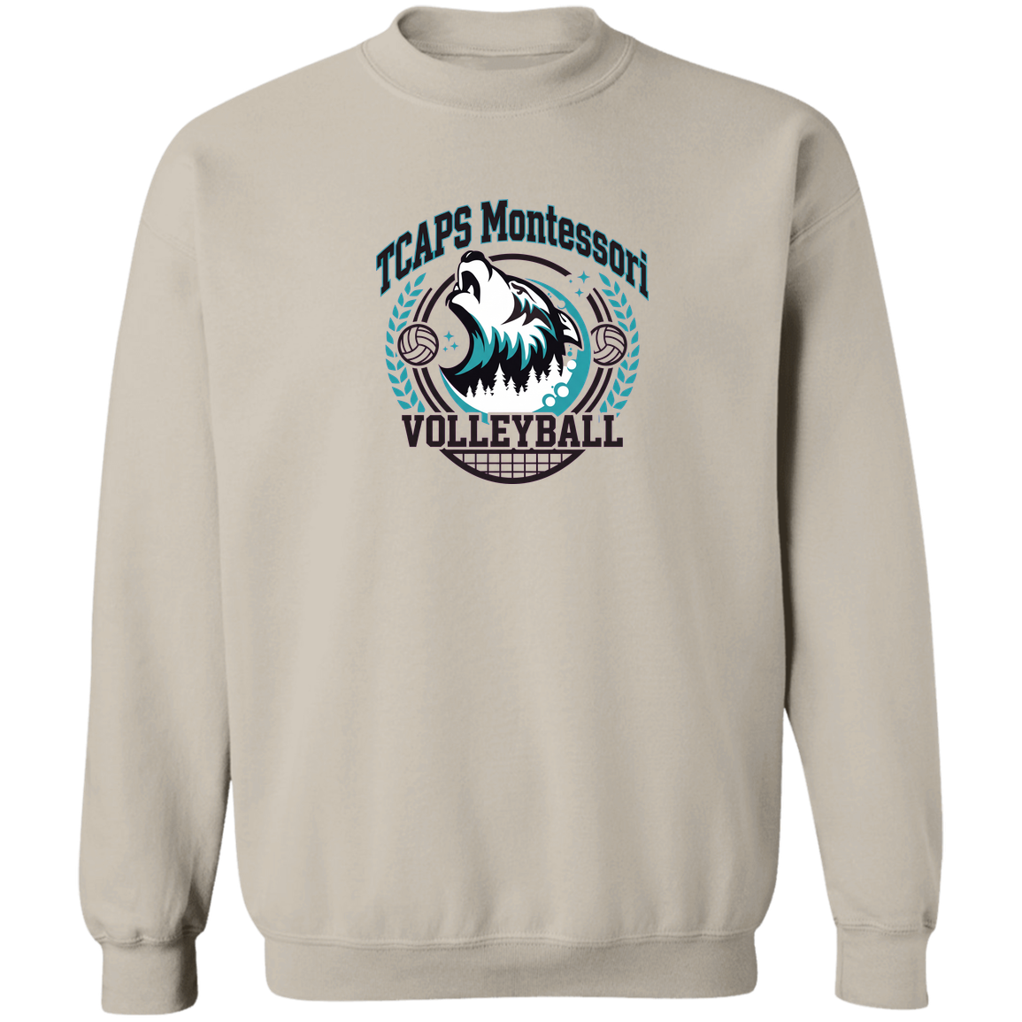 tcaps-montessori-varsity-arch-gildan-crewneck-pullover-sweatshirt — Sand — Front — source sha256 243f2b56aaacccce48227ad75de5cfbb38b0395a837a7b7f7e02281a280d8837 — Color position 5