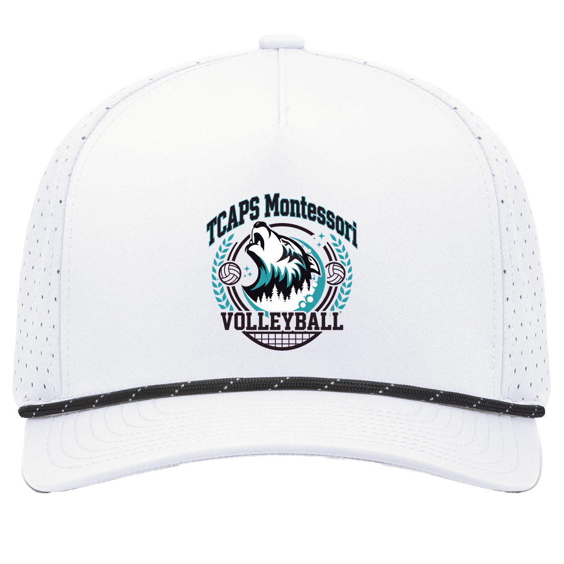 tcaps-montessori-varsity-arch-pacific-headwear-weekender-perforated-snapback-cap — White/Black — Front — source sha256 4c40b01b5a278e1d0b5912793d35dc6d3c868d8b3f57701527f6410129dcc95f — Color position 7