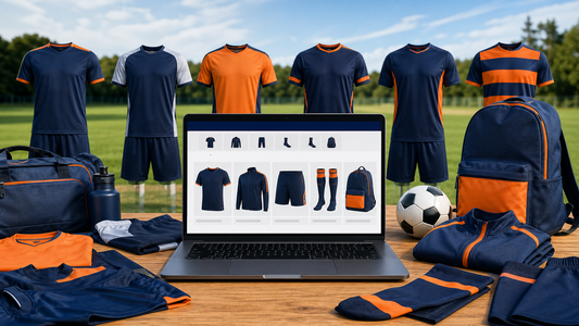 Coordinated blank travel-club apparel arranged around a shared online storefront