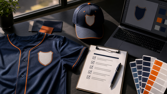 Blank team apparel, neutral emblem artwork, color swatches, and a brand-approval checklist
