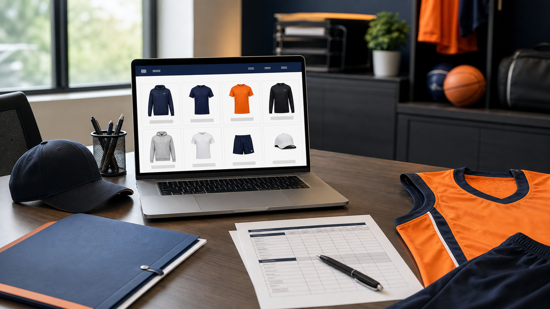 Athletic department vendor-evaluation desk with blank apparel, a laptop storefront, and review materials
