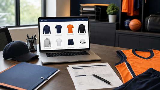 Athletic department vendor-evaluation desk with blank apparel, a laptop storefront, and review materials