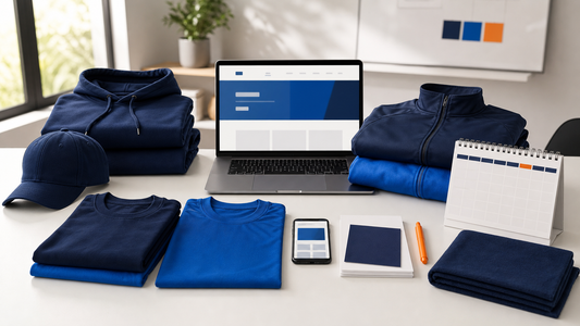 Team store promotion plan with blank apparel, a calendar, phone, laptop, and communication cards