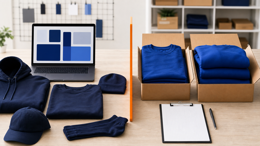 Split planning table comparing an online apparel storefront with organized cartons of blank team apparel