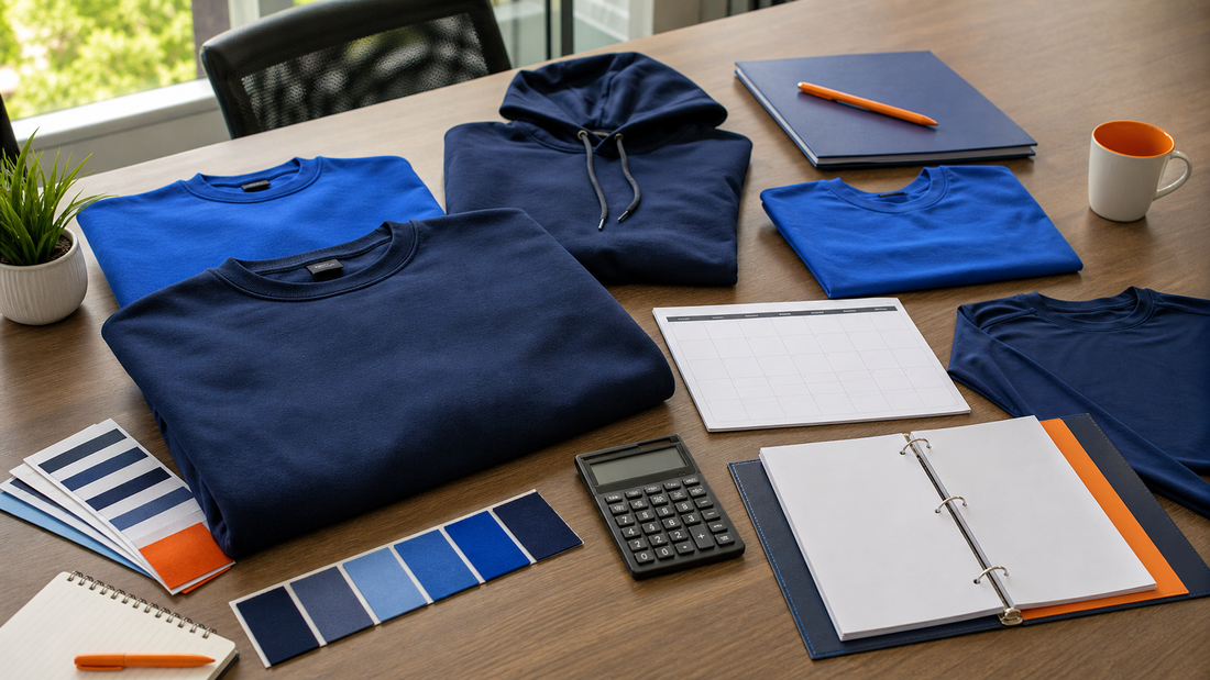 Booster club spirit wear planning table with blank apparel, color swatches, calendar, calculator, and approval folder