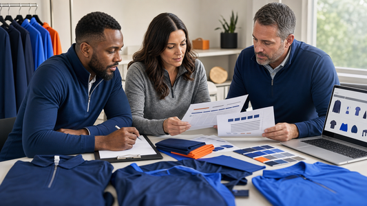 Adult team leaders comparing vendor documents beside blank apparel and a laptop