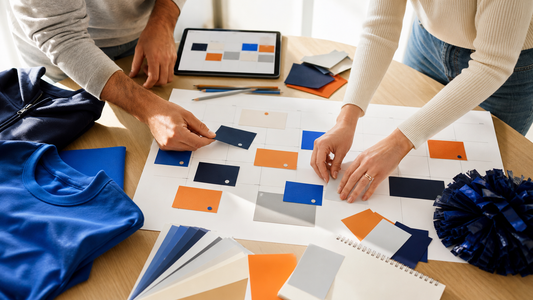 School merchandise planning calendar with blank apparel, color swatches, and event cards
