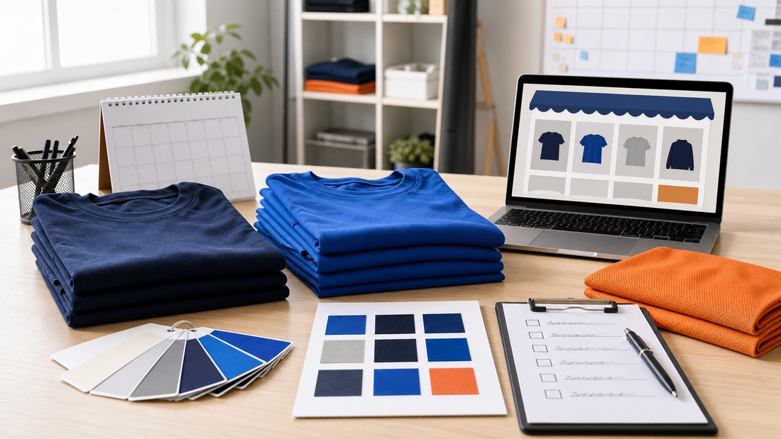Team-store planning workspace with blank apparel, color swatches, calendar, and approval checklist