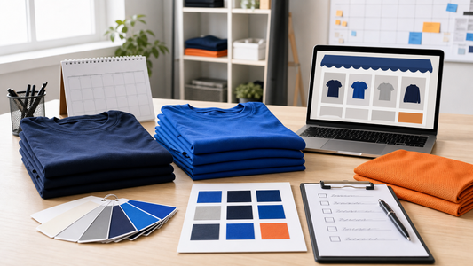 Team-store planning workspace with blank apparel, color swatches, calendar, and approval checklist