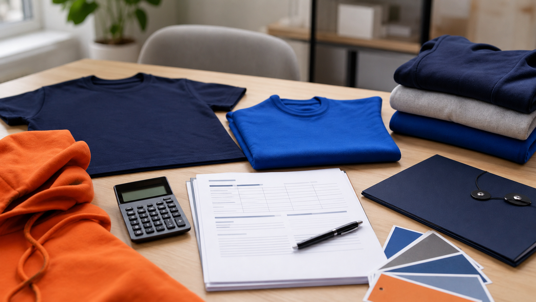 Spirit-wear planning table with blank apparel, calculator, budget worksheet, and approval folder