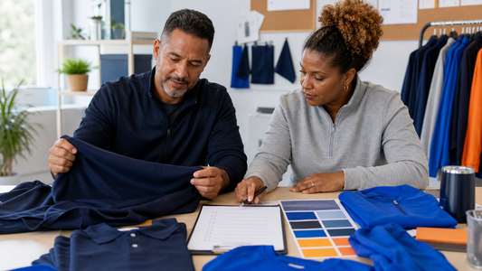 Adult youth-team organizers arranging blank apparel and a planning checklist
