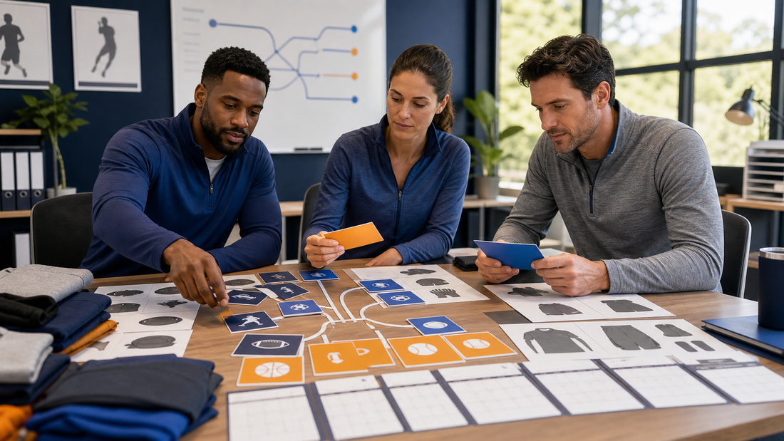 Adult sports administrators sorting generic equipment icons and blank apparel by planning path