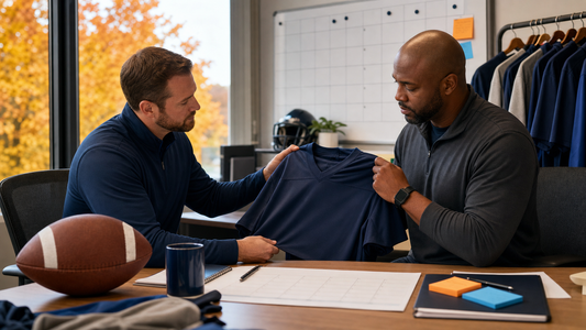 Adult football program organizers planning with a blank jersey, calendar, and approval notes