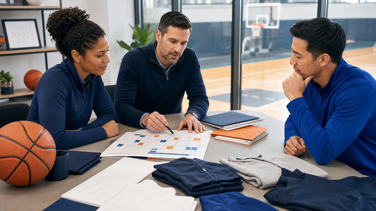 Adult basketball program organizers planning a winter calendar with blank apparel