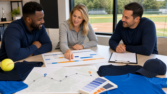 Adult softball organizers reviewing a seasonal calendar, blank apparel samples, and a generic travel map