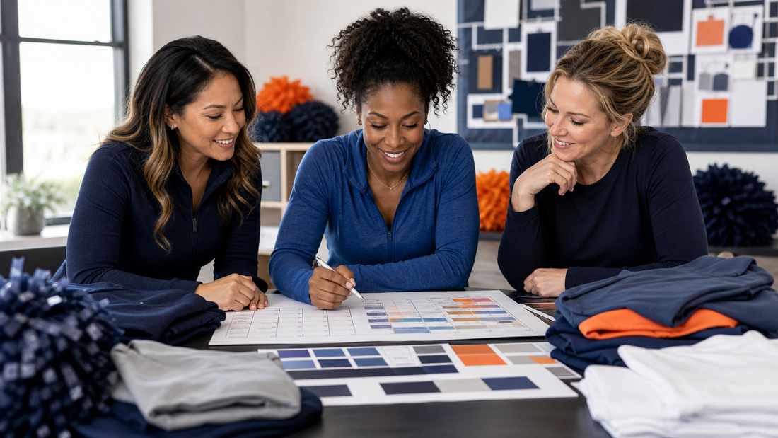 Adult cheer program organizers reviewing a generic season calendar, colors, and blank apparel