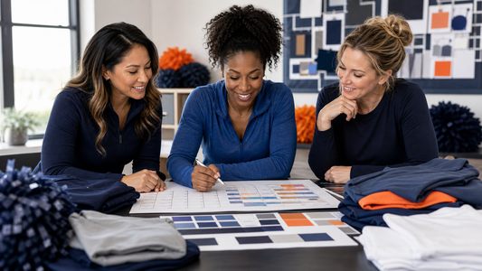 Adult cheer program organizers reviewing a generic season calendar, colors, and blank apparel