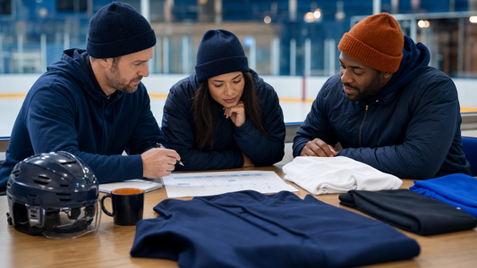 Adult hockey club organizers reviewing a generic winter calendar and blank apparel near an unbranded rink