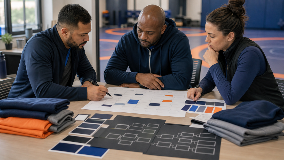 Adult wrestling program organizers reviewing a generic calendar, planning bracket, colors, and blank apparel