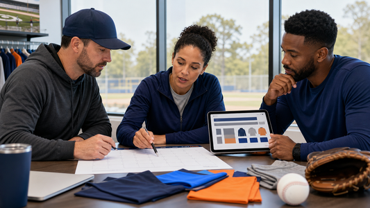 Adult baseball organization leaders reviewing a seasonal calendar and blank apparel samples