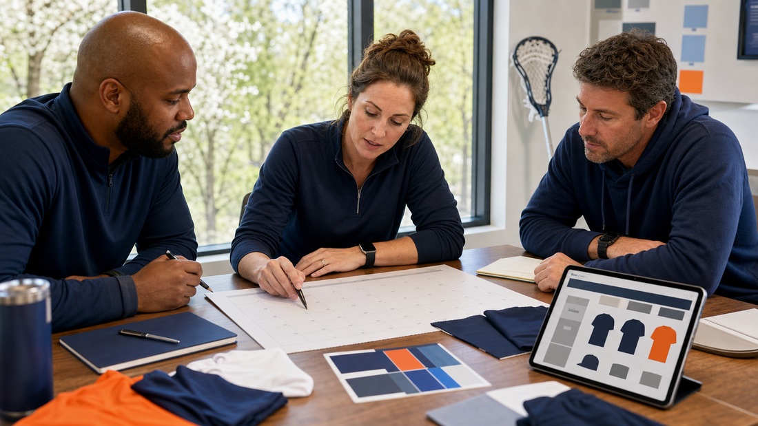 Adult lacrosse program leaders reviewing a spring calendar and blank apparel samples