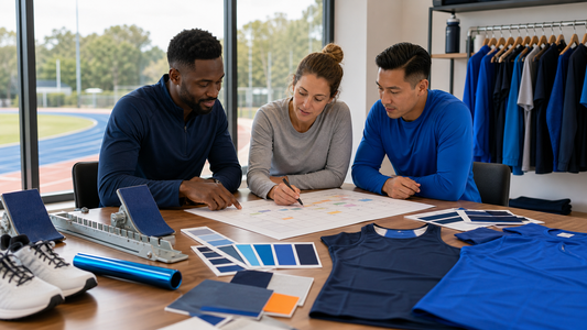 Adult track and field organizers reviewing a spring calendar beside blank apparel and generic field-event equipment