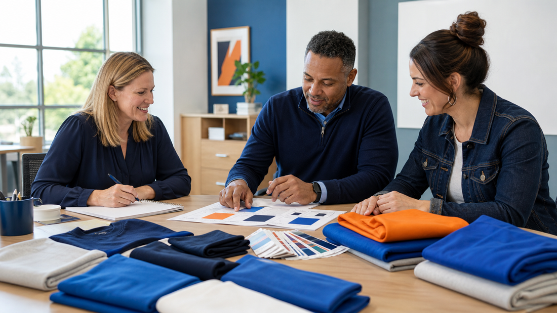 Adult school program coordinators reviewing a spirit wear plan beside blank apparel samples