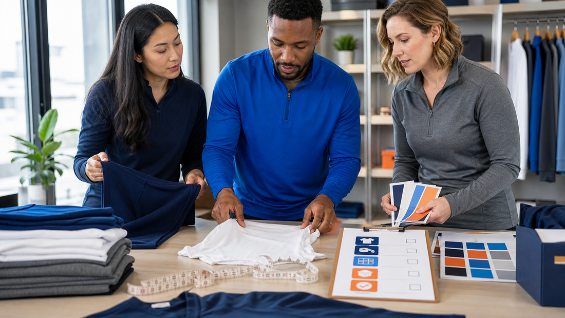 Adult team coordinators organizing generic size references and an order-question checklist