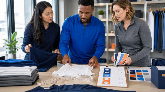 Adult team coordinators organizing generic size references and an order-question checklist