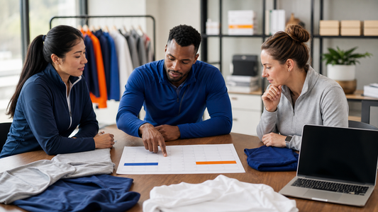 Adult team-store organizers reviewing generic opening and closing checkpoints on a calendar
