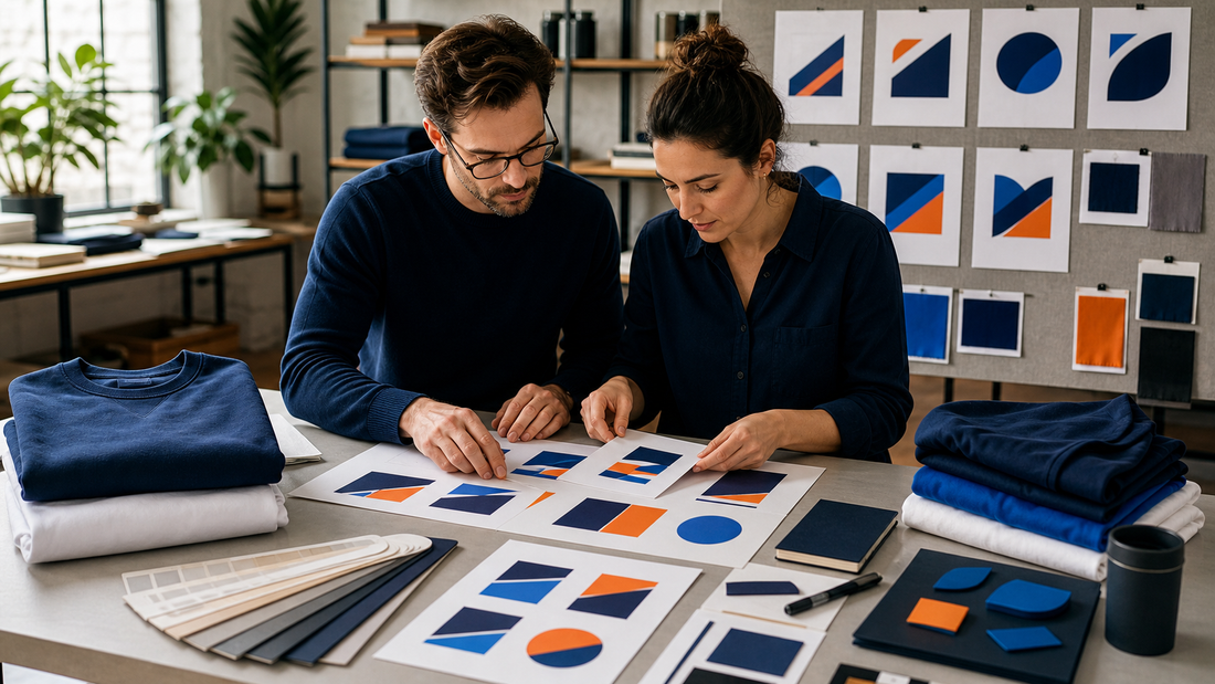Adult brand coordinators arranging abstract geometric identity placeholders beside blank apparel