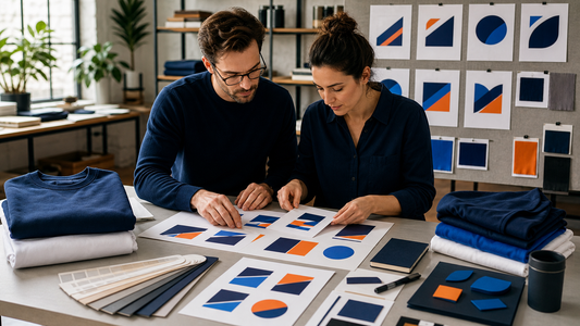 Adult brand coordinators arranging abstract geometric identity placeholders beside blank apparel