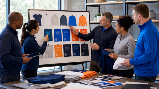 Adult coaches and a club coordinator reviewing a color-coded multi-team planning board