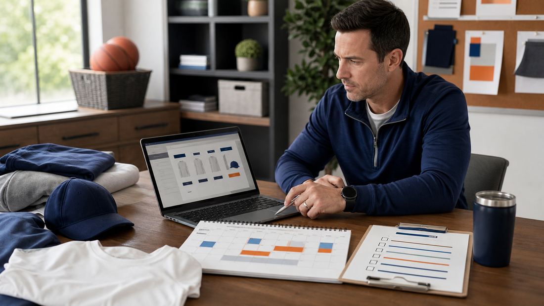 Adult team-store coordinator reviewing a generic order-window calendar and checklist