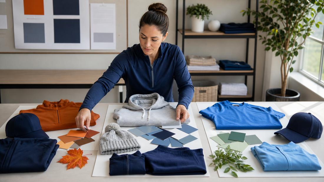 Adult program coordinator arranging blank apparel across fall, winter, and spring planning zones
