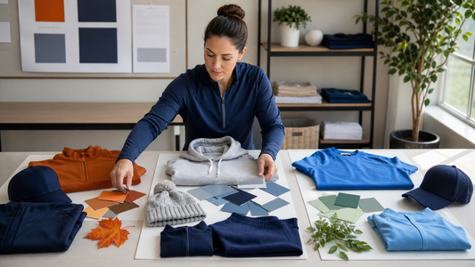 Adult program coordinator arranging blank apparel across fall, winter, and spring planning zones