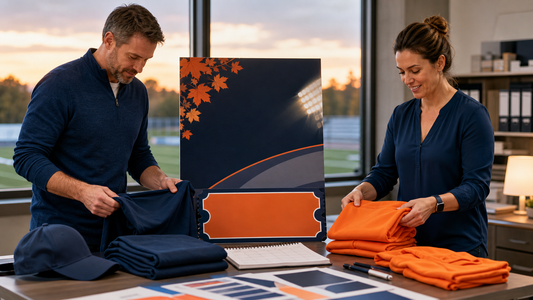 Adult school event planners arranging blank spirit apparel beside a generic autumn event board