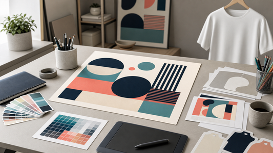 Abstract artwork preparation workspace with geometric vector paths, pixel grid, and color swatches