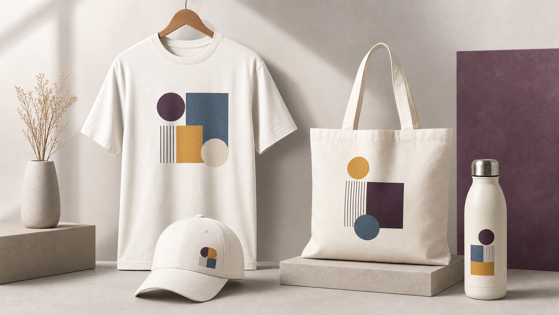 Coordinated generic merchandise mockups using consistent abstract shapes and a shared color palette