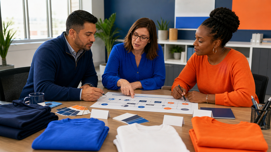 Adult school program coordinators reviewing a school-wide spirit wear roadmap with blank apparel and color swatches