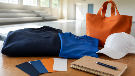Blank everyday spirit wear categories arranged in an unbranded school community space
