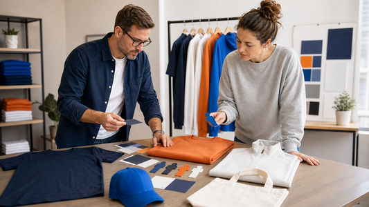 Adult planners building a focused spirit wear collection with coordinated blank apparel and color swatches